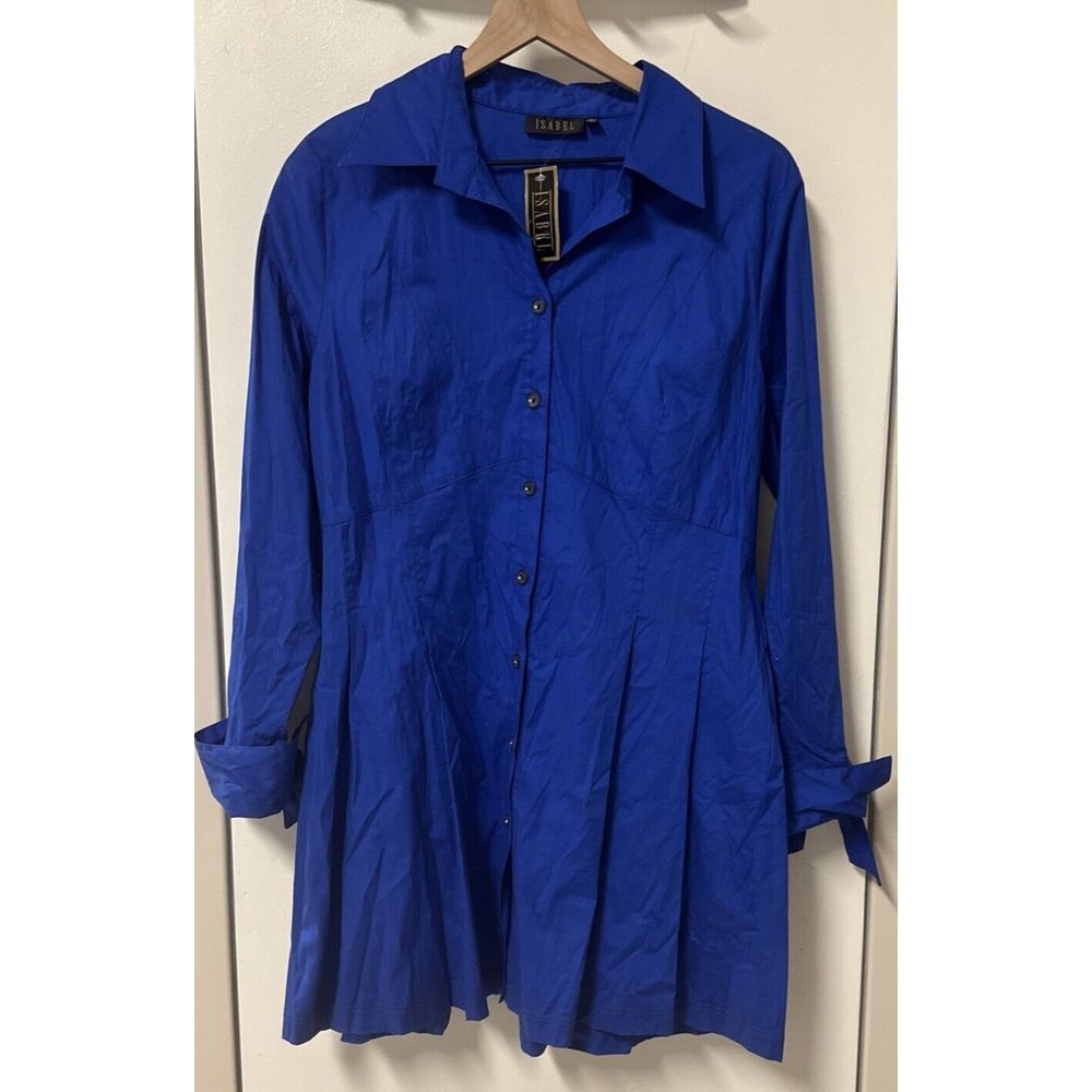Isabel Women Size Large Vintage Button Down L/S Shirt Dress Blue Gem‎ Buttons